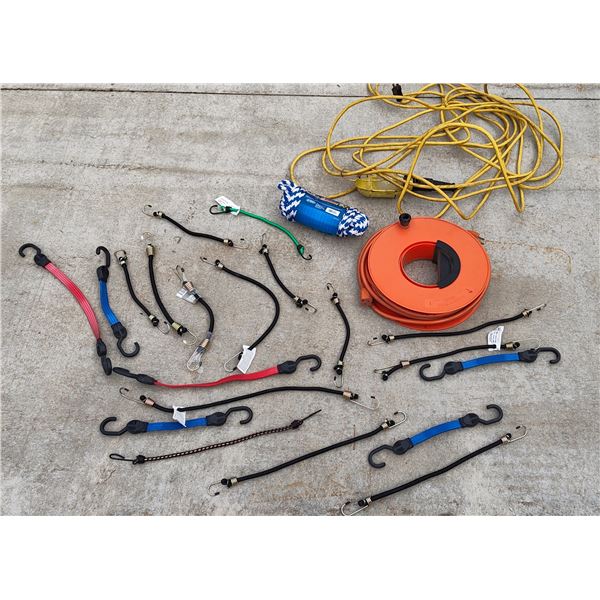 EXTENSION CORD, TROUBLE LIGHT, AND BUNGEE STRAPS