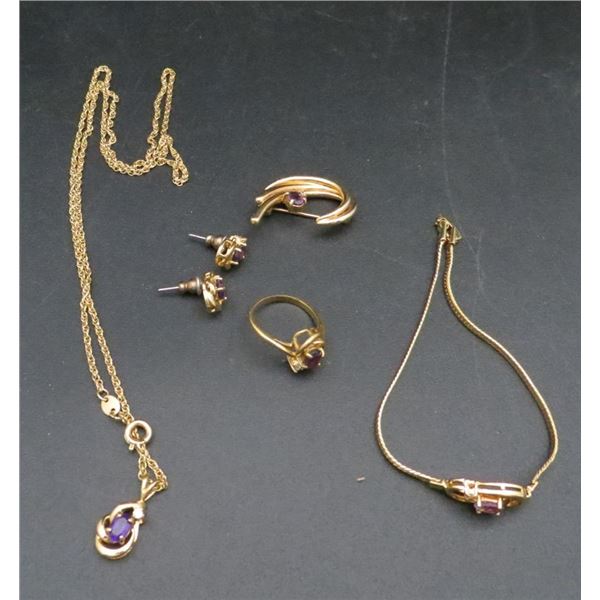 Ladies Vintage Gold Tone Amethyst Jewelry Set With Cubic Zirconia Diamonds