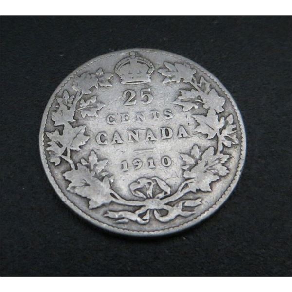 1910 Canadian Silver 25 Cent Coin