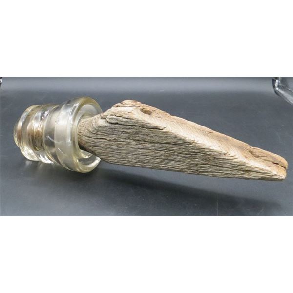 Dominion glass telegraph insulator with original fir mounting block