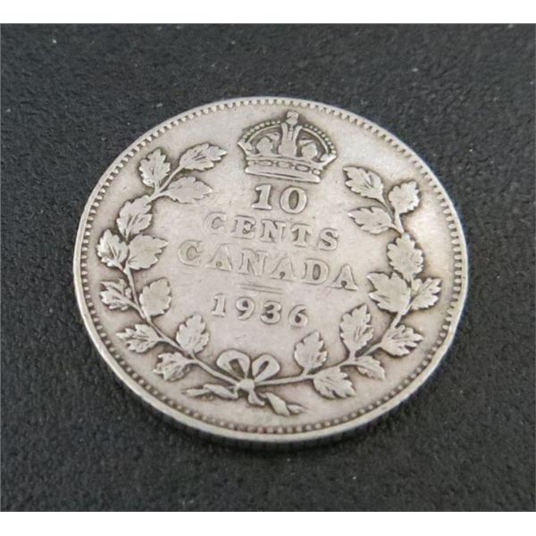 1936 Canadian Silver 10 Cent Coin