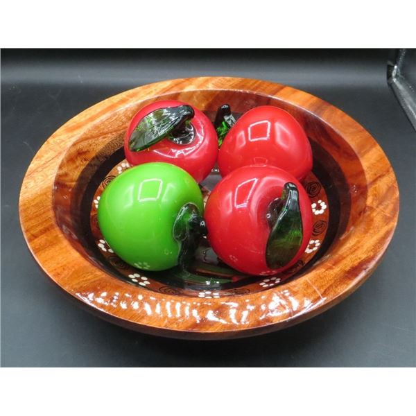 Mexican Hand Painted Bowl 12" Diameter & 4 Glass Decorative Apples