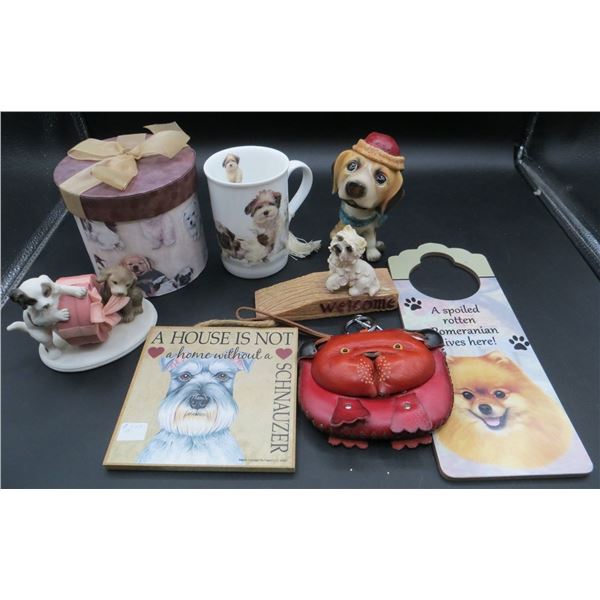 Collection Of Dog Figures, Dog Mug, Dog Leather Change Purse & More