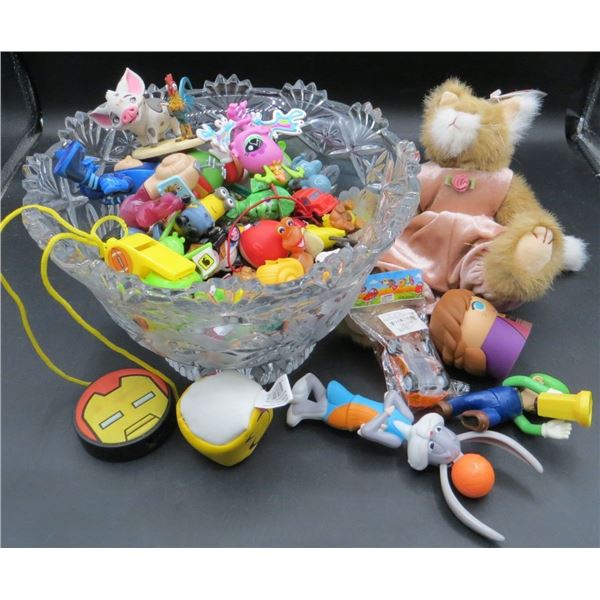 9" Diameter Glass Bowl Full Of Various Kids Toys