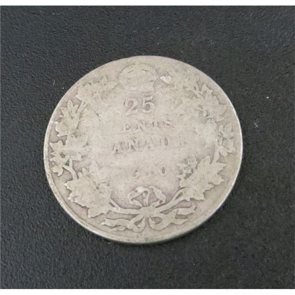 1910 Canadian Silver 25 Cent Coin