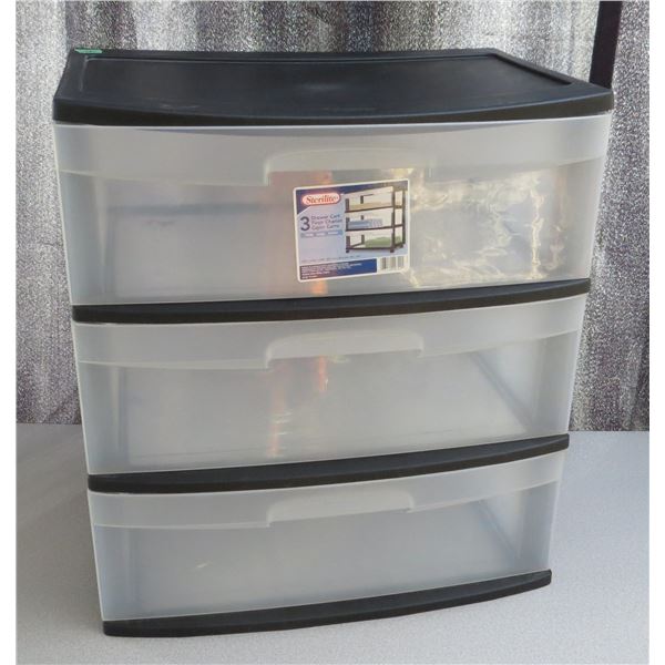 3 Drawer Wide Sterilite Plastic Storage Unit 15 1/4” x 21 7/8” x 25 5/8”