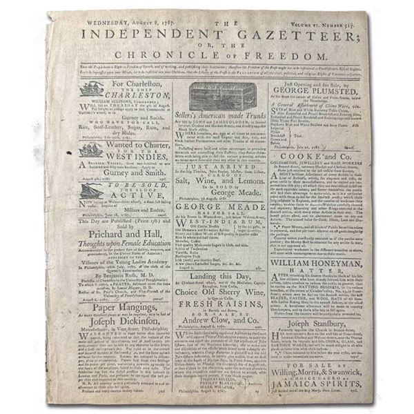 Political Memorabilia, The Independent Gazetteer, newspaper, 1787