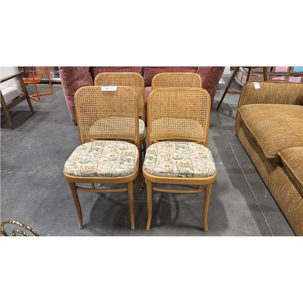 SET OF FOUR WOODEN CHAIRS WITH PATTERNED CUSHIONS