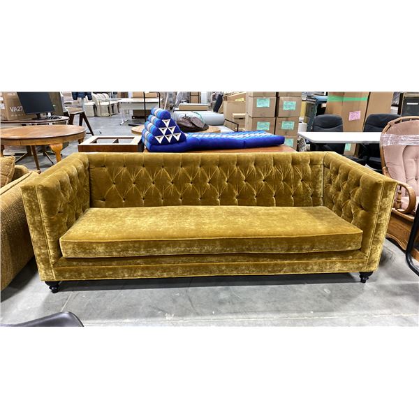 GOLD VELVET 90"W BUTTON BACK COUCH