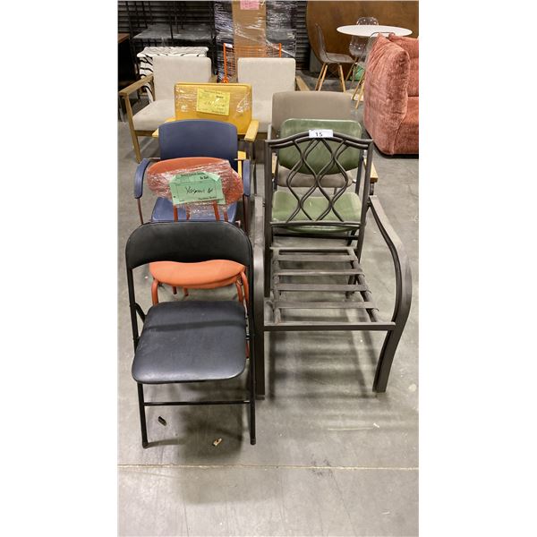 TWO METAL OUTDOOR PATIOS CHAIRS, TWO RED STACKING CHAIRS, FOUR CLIENT CHAIRS & A BLACK METAL