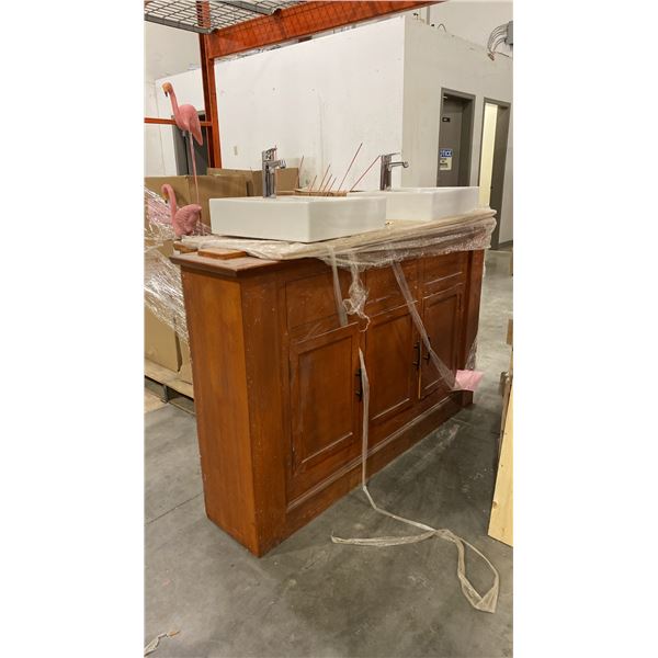 THREE DOOR BATHROOM CABINET & TWO SQUARE SINKS WITH FAUCETS - CABINET MEASURES APPROX. 62"W X 24"D X