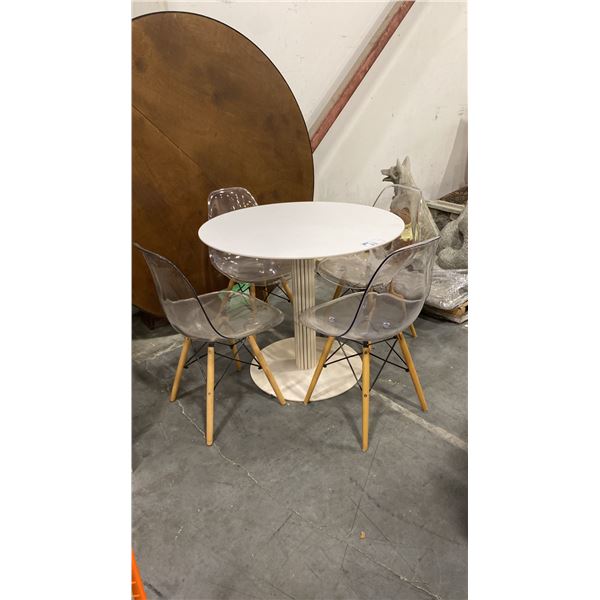 LINSY WHITE ROUND 30"H DINING TABLE & FOUR CLEAR/WOODEN LEG DINING CHAIRS