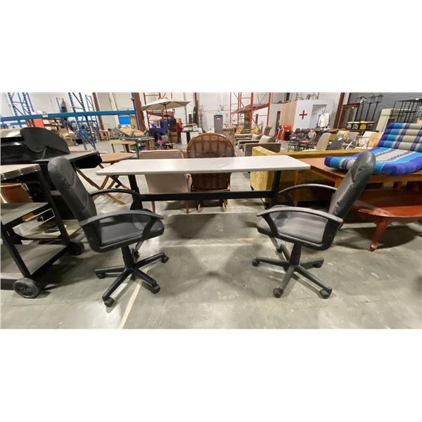 GREY WORKBENCH & TWO BLACK OFFICE CHAIRS - WORKBENCH MEASURES APPROX. 71"W X 23"D X 33"H