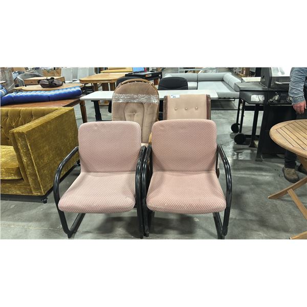 WOODEN ROCKING CHAIR, VINTAGE BUTTON BACK CHAIR & TWO MATCHING CLIENT CHAIRS