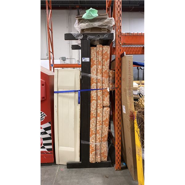 WOODEN OUTDOOR PATIO BENCH WITH FLORAL PATTERNED CUSHIONS & AN AMERICAN STANDARD BATHTUB