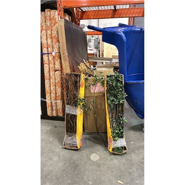 3 LARGE TRIPTYCH PRINTS & BOX OF SET DEC PROPS/DECORATIONS