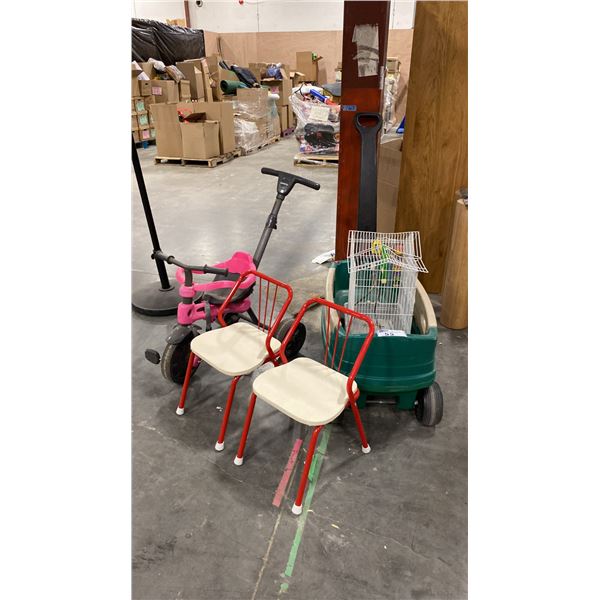 TRICYCOO CHILDRENS TRICYCLE, WAGON, TWO CHAIRS & A BIRD CAGE