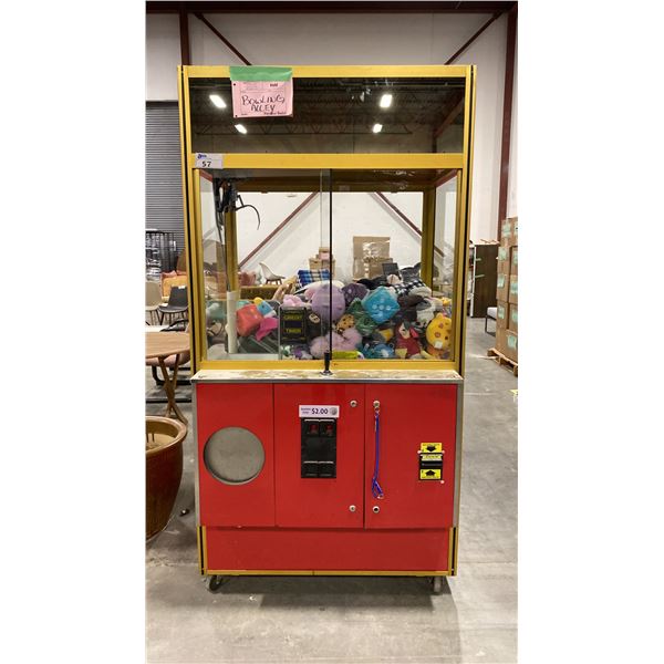 MOBILE COMMERCIAL CLAW MACHINE WITH ASSORTED STUFFIES & KEY *WORKING CONDITION UNKNOWN*