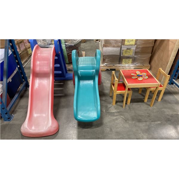 TWO CHILDRENS SLIDES & A TABLE + CHAIR SET