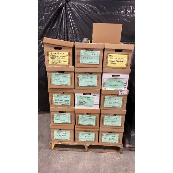 PALLET OF SET DEC PROPS/DECORATIONS - SMALL PLANT POTS, ANIMAL BOWLS, ART SUPPLIES, CANDLES +