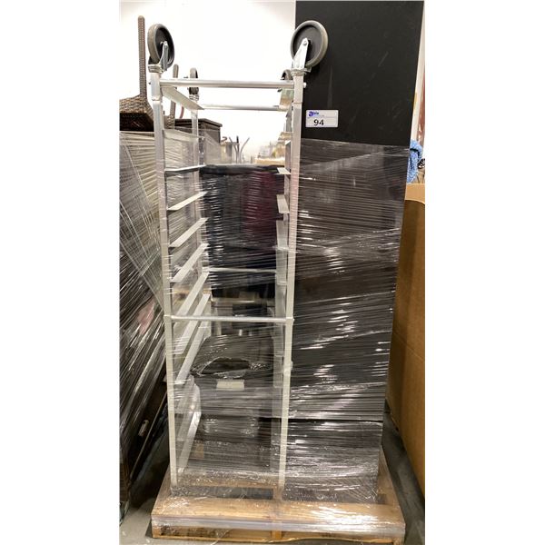 PALLET OF SET DEC PROPS/DECORATIONS - METAL TWO DOOR STORAGE CABINET, BAKERS RACK, TOTES & MORE
