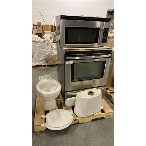 PALLET OF SET DEC PROPS/DECORATIONS - STAINLESS STEEL OVEN + MICROWAVE *WORKING CONDITION UNKNOWN*