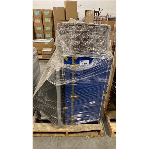 PALLET OF SET DEC PROPS/DECORATIONS - VINTAGE CHESTS, JVC HD-52Z575 TELEVISION, SHELF, SHOES & MORE