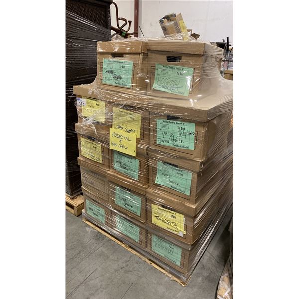 PALLET OF SET DEC PROPS/DECORATIONS - CROCK POT, BLINDS, TV MOUNT, KITCHEN ITEMS, BINDERS & MORE