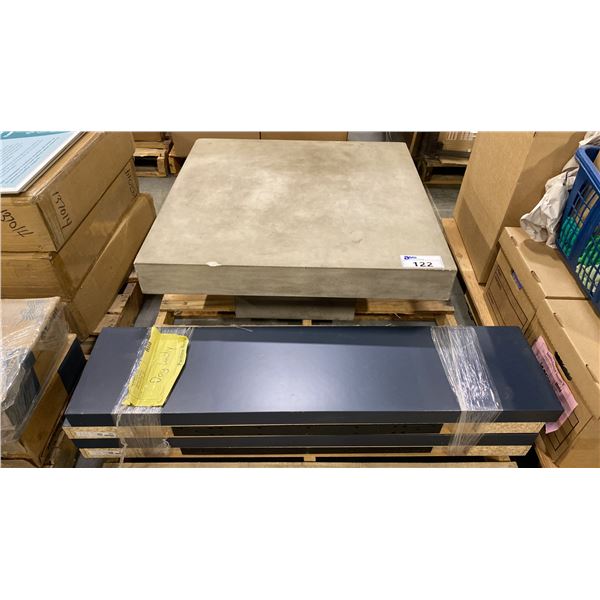 PALLET OF SET DEC PROPS/DECORATIONS - SQUARE CONCRETE LOOK COFFEE TABLE & FOUR FLOATING SHELVES