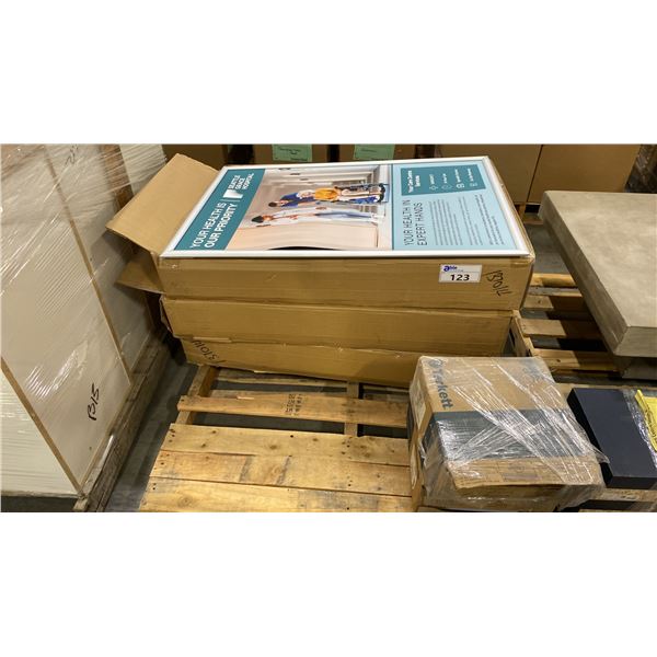 PALLET OF SET DEC PROPS/DECORATIONS - POSTER DISPLAY FRAMES & 2 BOXES OF TILES *MUST TAKE ALL*