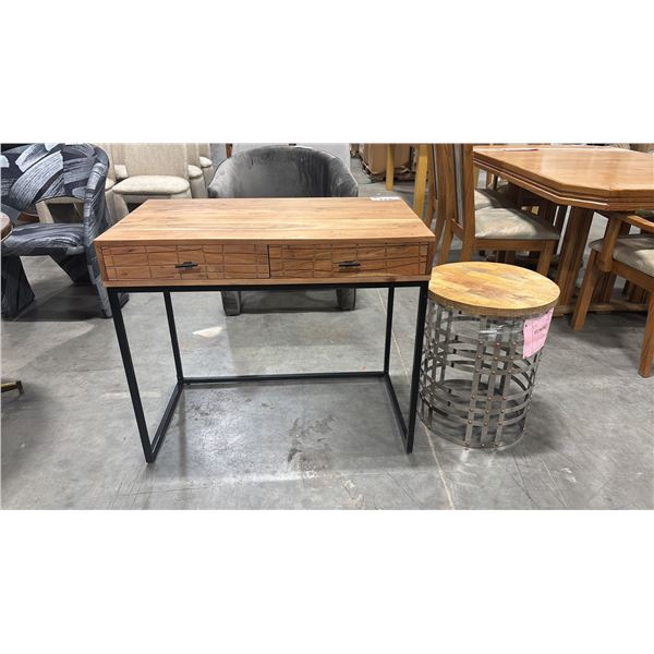 TWO DRAWER DESK & A SMALL ROUND SIDE TABLE