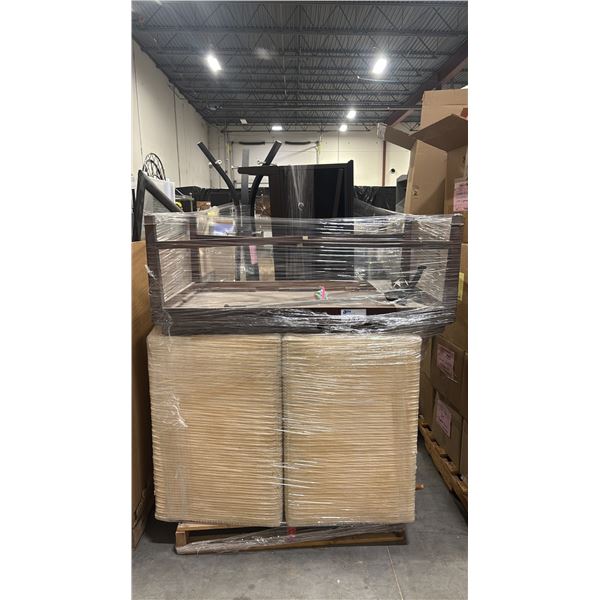PALLET OF SET DEC PROPS/DECORATIONS - COFFEE TABLE, TWO BEIGE ACCENT CHAIRS, COFFEE TABLE & MORE