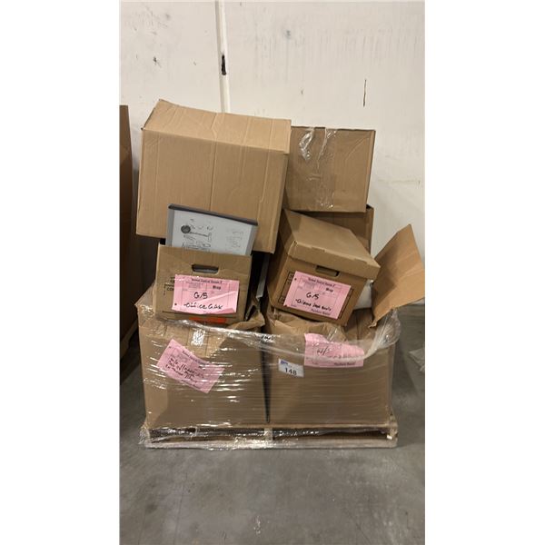 PALLET OF SET DEC PROPS/DECORATIONS - CHILDRENS DESK, THROW PILLOWS, PAPER REAMS, PAMPHLET HOLDERS