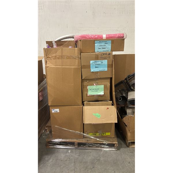 PALLET OF SET DEC PROPS/DECORATIONS - BEADED CURTAINS, ACCORDION DUCTING, CHILDRENS TOY BUS, FABRIC
