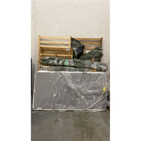 PALLET OF SET DEC PROPS/DECORATIONS - TWO FOLDING MATTRESSES & BED FRAME PIECES