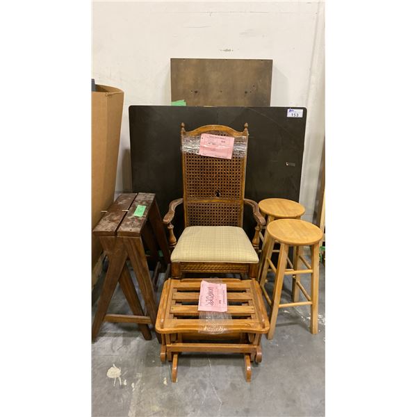 TWO WOODEN STOOLS, VINTAGE CHAIR, ROCKING FOOTSTOOL, FOLD UP TABLE TOP & MORE *MUST TAKE ALL*