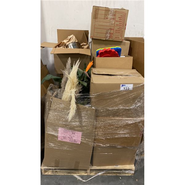 PALLET OF SET DEC PROPS/DECORATIONS - PARTY SUPPLIES, BALLOON WEIGHTS, KITCHENWARE, FAKE PLANTS,