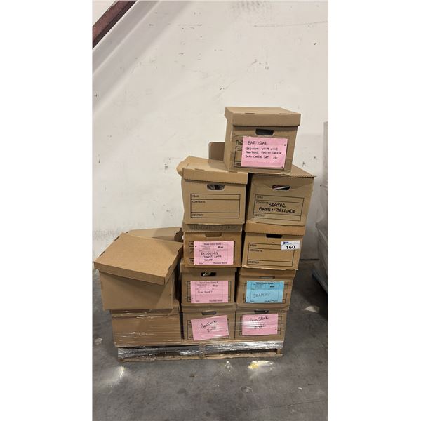 PALLET OF SET DEC PROPS/DECORATIONS - DRAPERY, DUVET COVER, FLAG BASES, BOOKS, DOORMAT, BAR ITEMS &