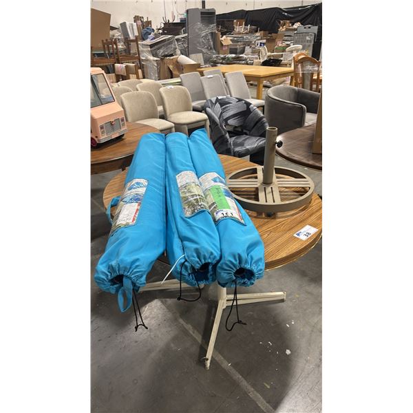 THREE CANVAS OCEAN BLUE OUTDOOR PATIO UMBRELLAS WITH ONE BASE