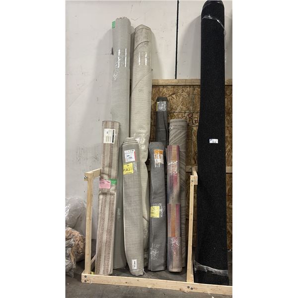 SIX ASSORTED AREA RUGS & TWO LARGE ROLLS OF COMMERCIAL CARPETING - APPROX. 12'L