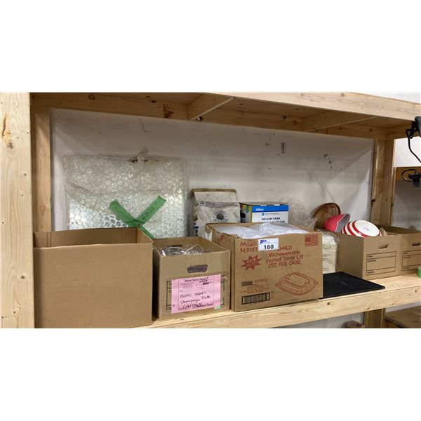SHELF OF TAKE OUT CONTAINERS, BOWLS, PLASTIC CUPS, VANITY MIRROR, MICROWAVABLE VENTED DOME LIDS &