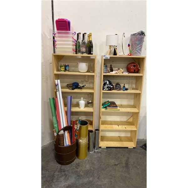 TWO BOOKSHELVES - APPROX. 25 1/2"W X 12"D X 60 1/2"H WITH CONTENTS - ASSORTED WRAPPING PAPER, DESK