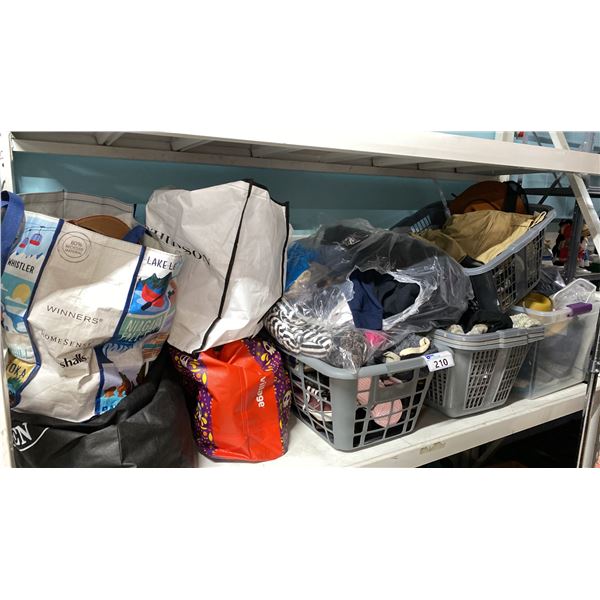 SHELF OF MENS & WOMENS SHOES IN VARIOUS SIZES, ASSORTED CLOTHING, HATS & MORE