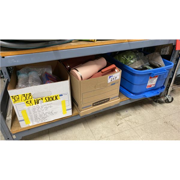 SHELF OF INSULATED CUPS, WATER BOTTLES, GIFT BAGS & MORE