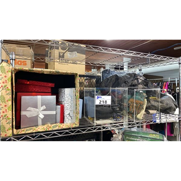 SHELF OF GIFT BOXES, GLOVES, CLEAR BOXES & MORE