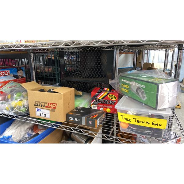 SHELF OF GOLF BALLS, PROFESSIONAL CARD SHOE, PING PONG BALLS, PING PONG PADDLES & MORE