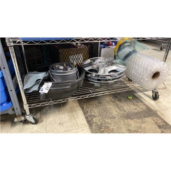 OIL PAN, DIPSTICKS, 4 HUB CAPS, ROLL OF BUBBLE WRAP, DIMMERS & MORE
