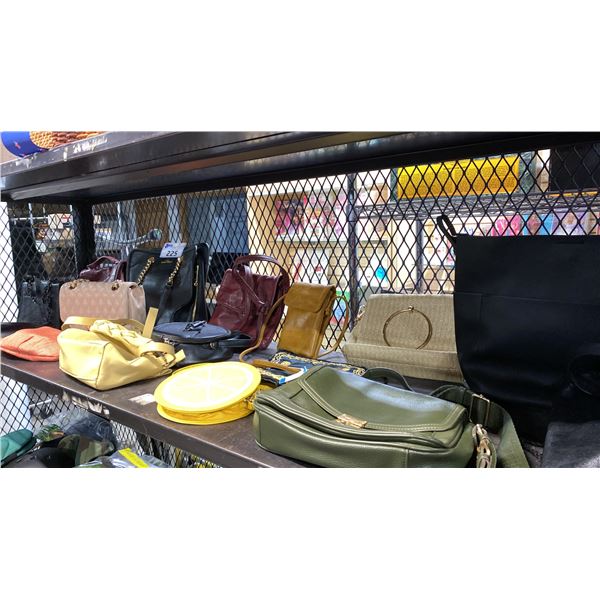 SHELF OF ASSORTED PURSES & HANDBAGS