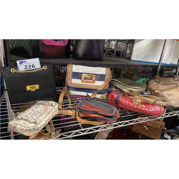 SHELF OF ASSORTED PURSES & HANDBAGS
