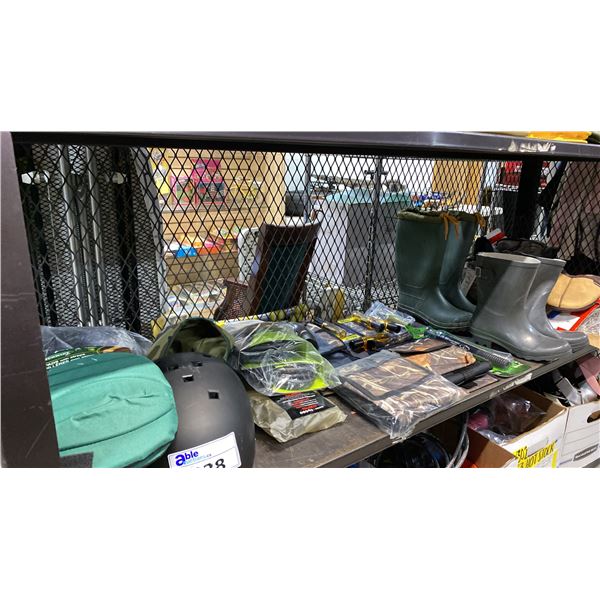 SHELF OF SPORTS GOODS - RUBBER BOOTS, WADERS, CAMO POUCHES, GOOSE CALLER, DUCK CALLERS, BIKE LOCKS,